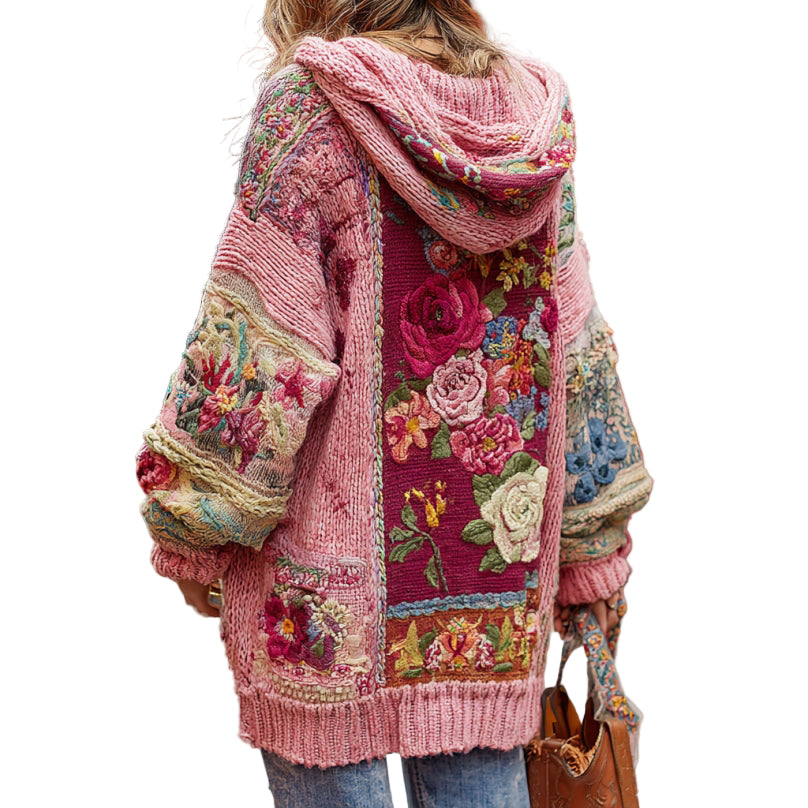 Women's Bohemian Floral Embroidery Patchwork Art Cozy Knit Hooded Sweater Cardigan