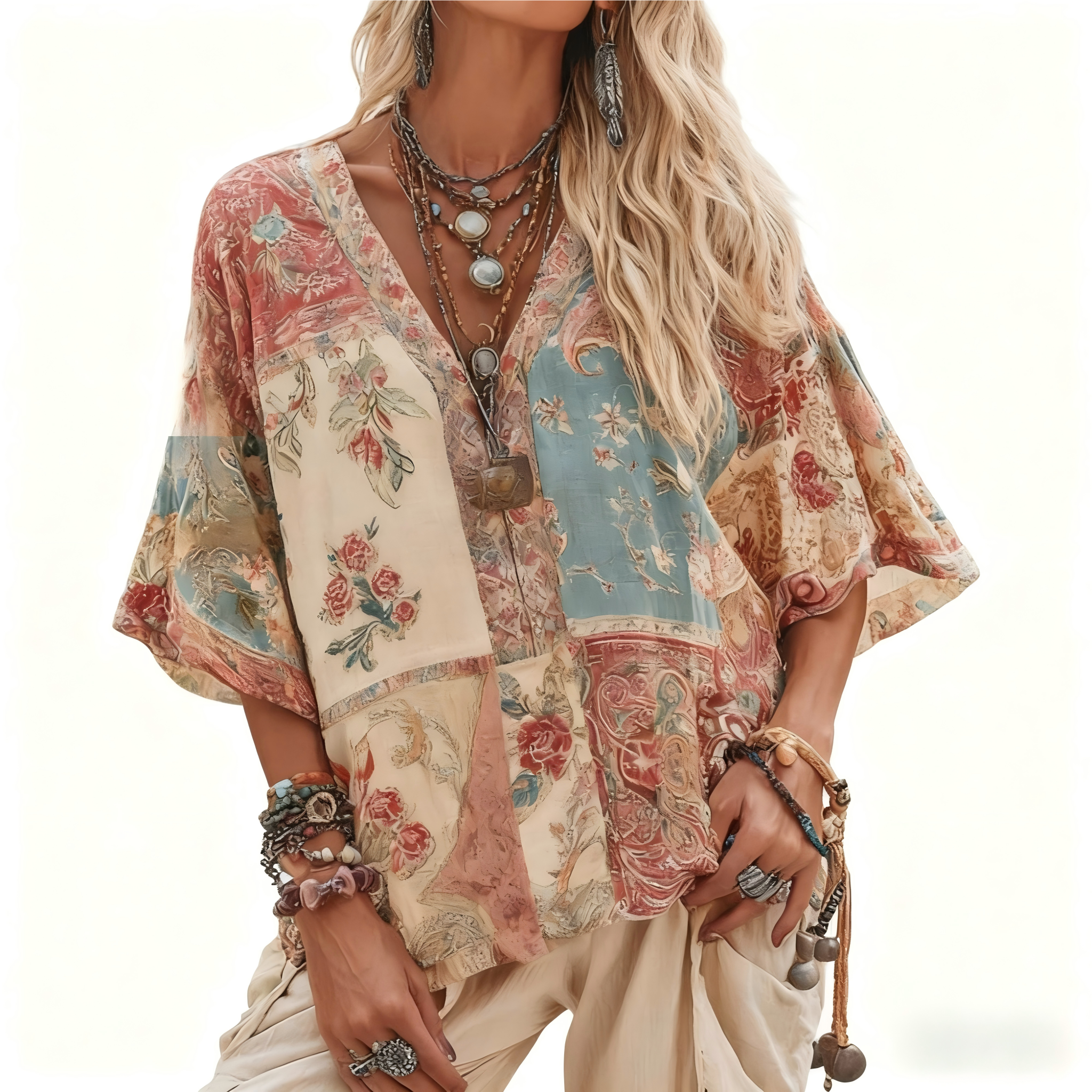 Women's V Neck Boho Floral Art Casual Shirt