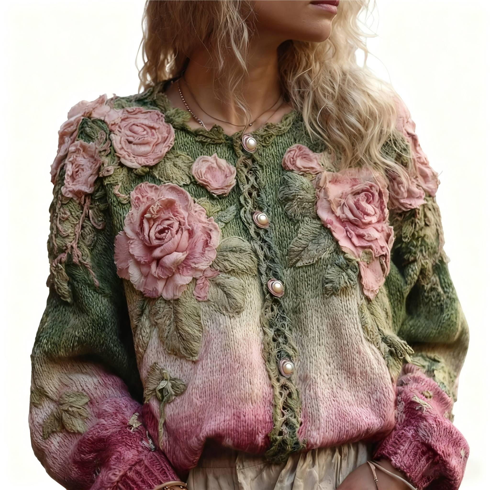 Pink Roses Crochet Embroidered Forest Gradient Cozy Cardigan