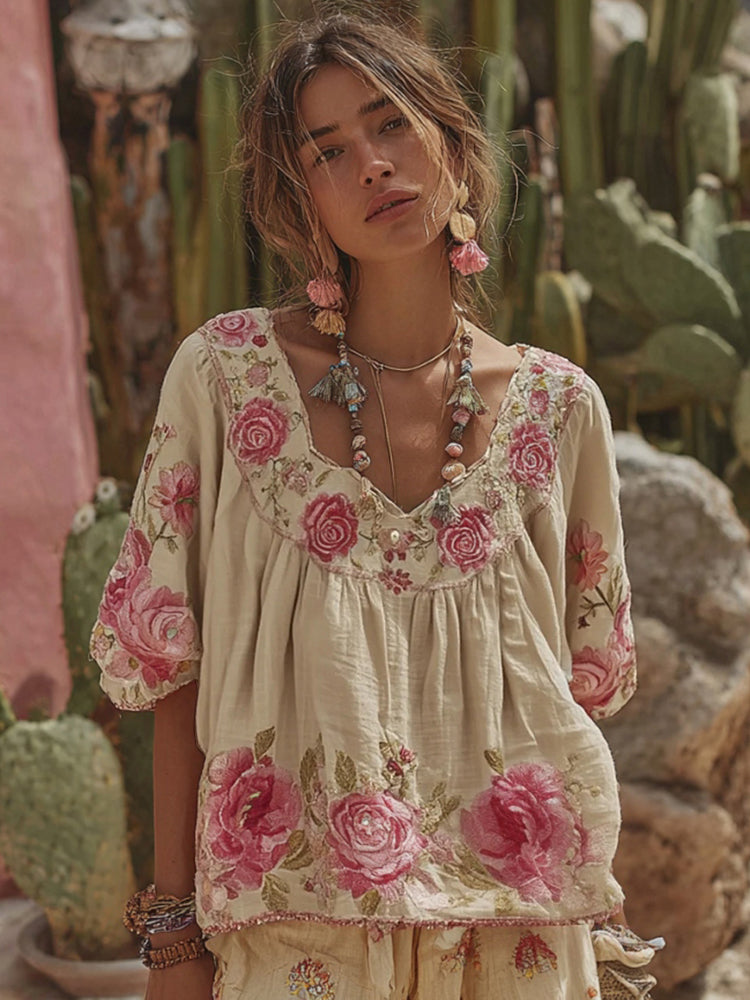 Women's Vintage Floral Art Embroidery Linen T-shirt