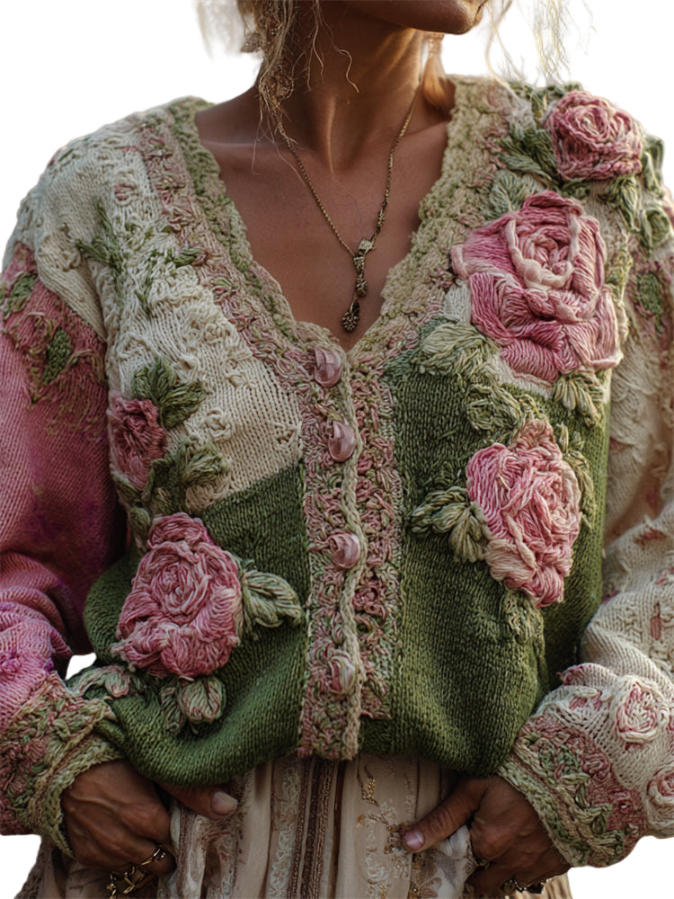 Vintage Pink Roses Crochet Embroidered Colorblock Patchwork Cozy Cardigan
