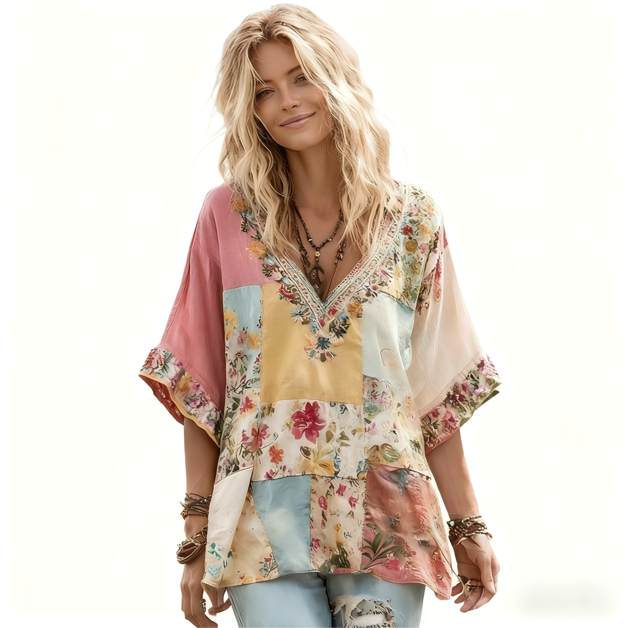 Women's Vintage Floral Geometry Art V-neck T-shirt