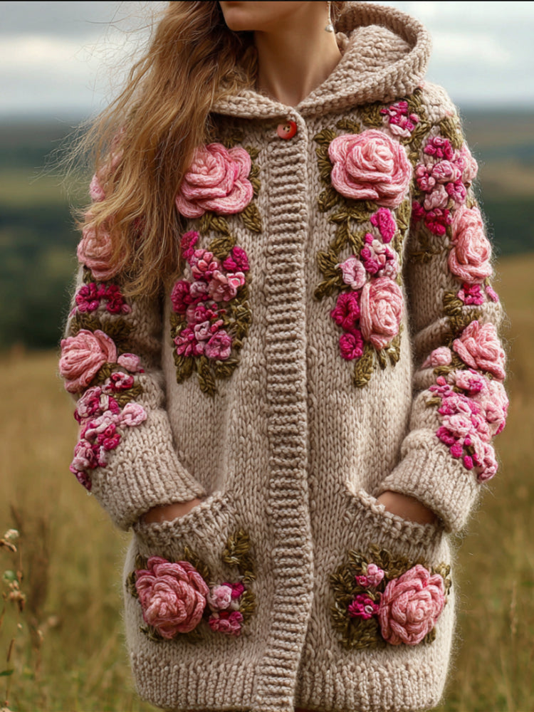 Women's Three-dimensional Flower Pattern Vintage Mid-length Hooded Sweater