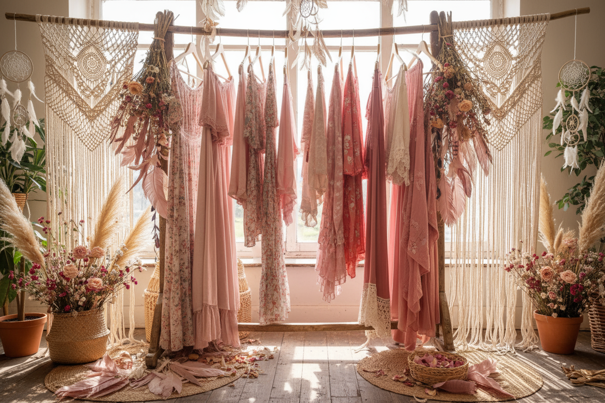 添加一些花卉的元素,要波米亚风格的,不止裙子