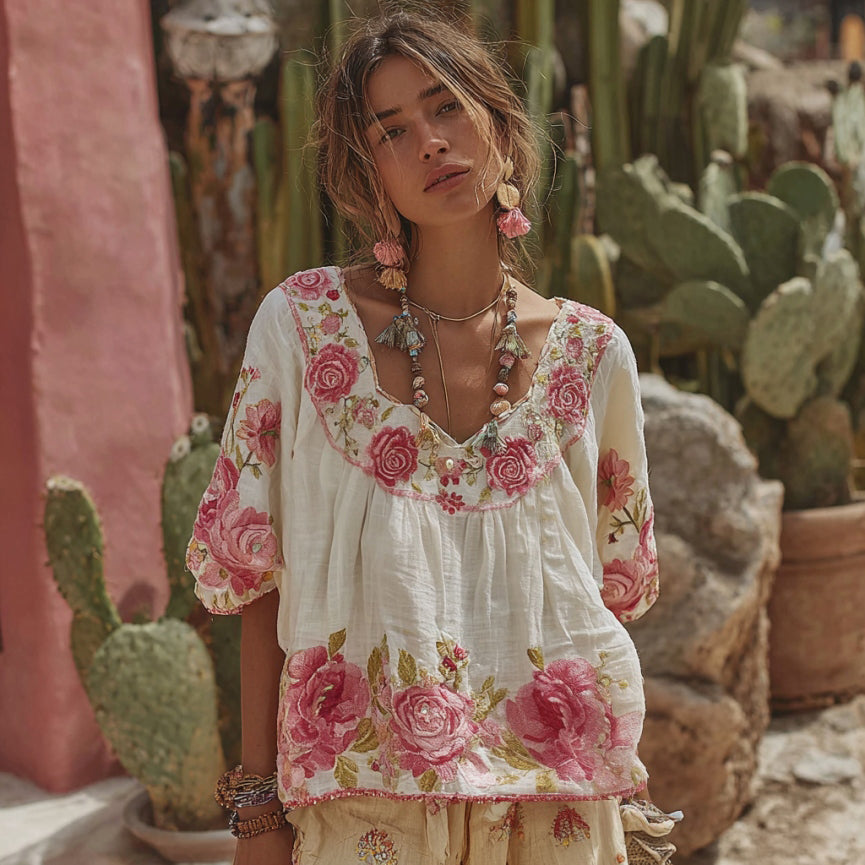 Women's Vintage Floral Art Embroidery Linen T-shirt