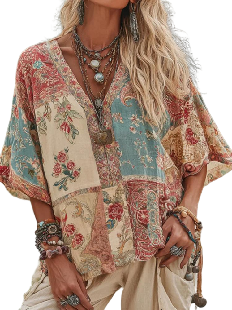 Women's V Neck Boho Floral Art Casual Shirt