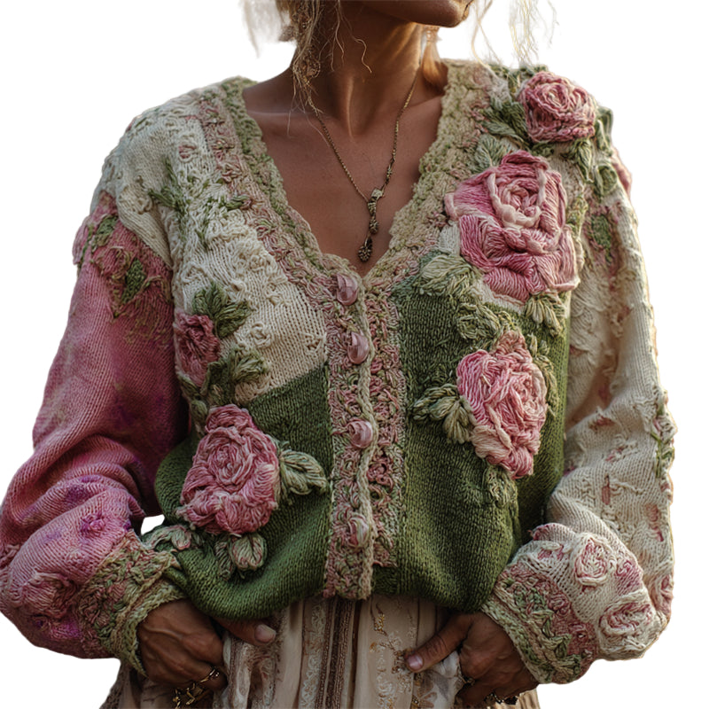 Vintage Pink Roses Crochet Embroidered Colorblock Patchwork Cozy Cardigan
