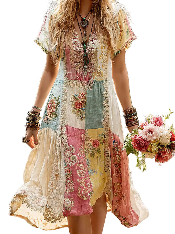 Women's Retro Floral Splicing Cotton And Linen Long Dress