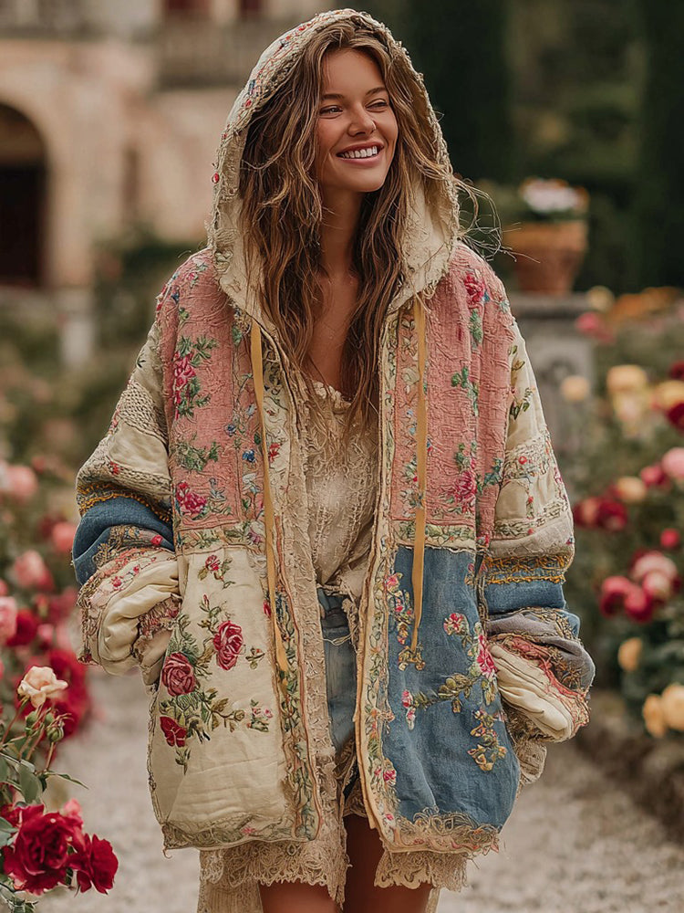 Women's Vintage Floral Color Block Warm Zip Hoodie Cardigan