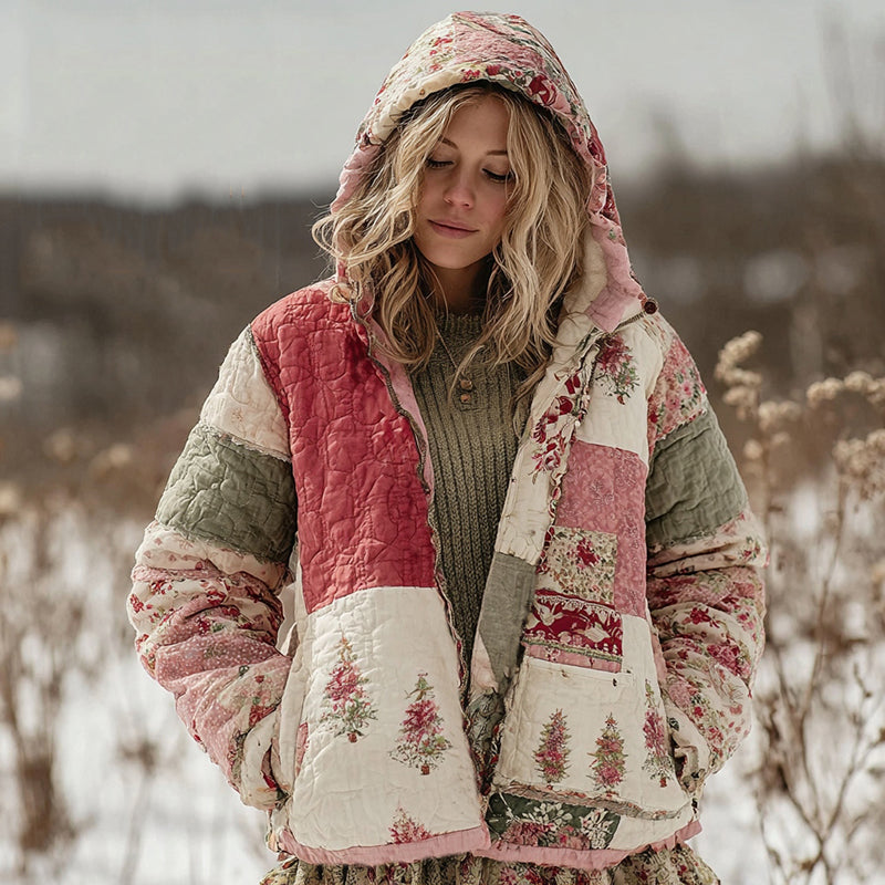 Women's Floral Christmas Tree Patchwork Warm Zip Hoodie