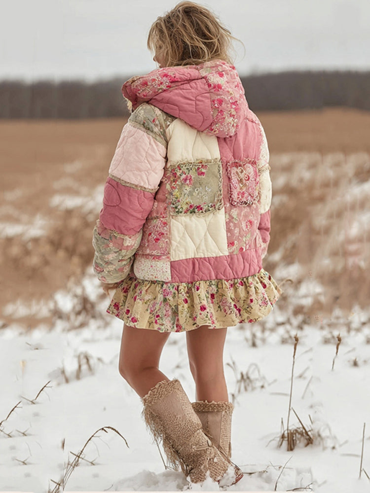Women's Floral Patchwork Warm Hooded Cotton Padded Clothes