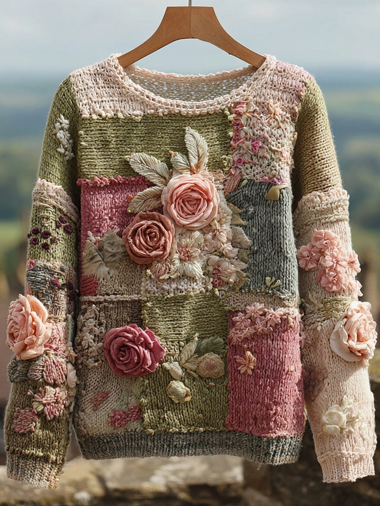 Vintage Roses Embroidered Patchwork Cozy Knitted Sweater