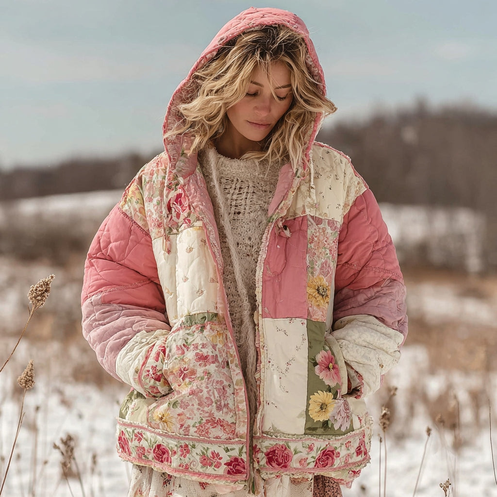 Women's Floral Patchwork Quilted Warm Hooded Cotton Padded Clothes