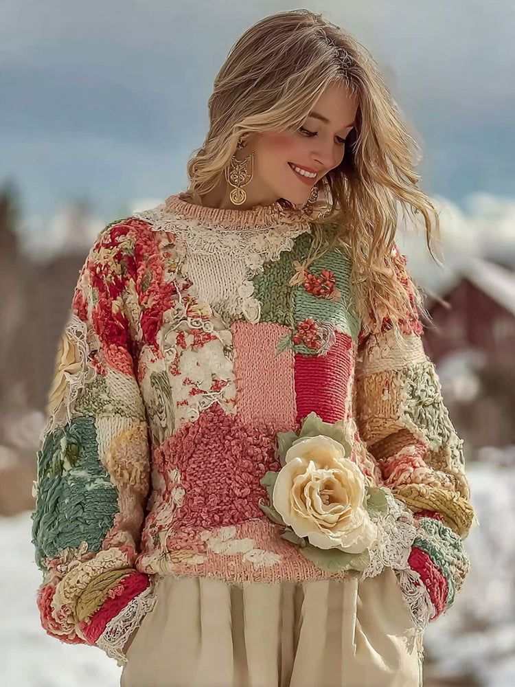 Women's Retro Rose Floral Art Color Block Cozy Casual Sweater