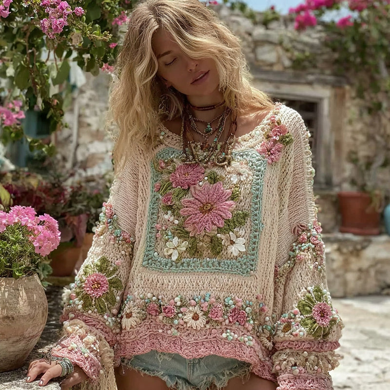 Women's Boho Classic Grandma Check Crochet Floral Sweater