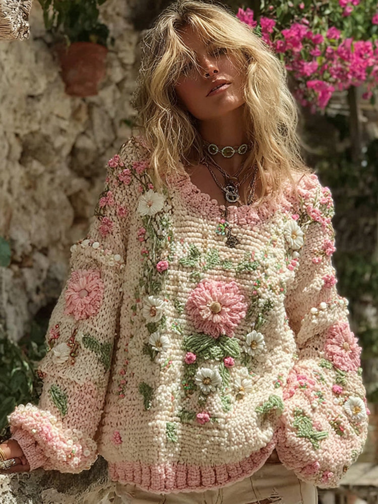 Women's Boho Rose Chunky Knit Crew Neck Sweater