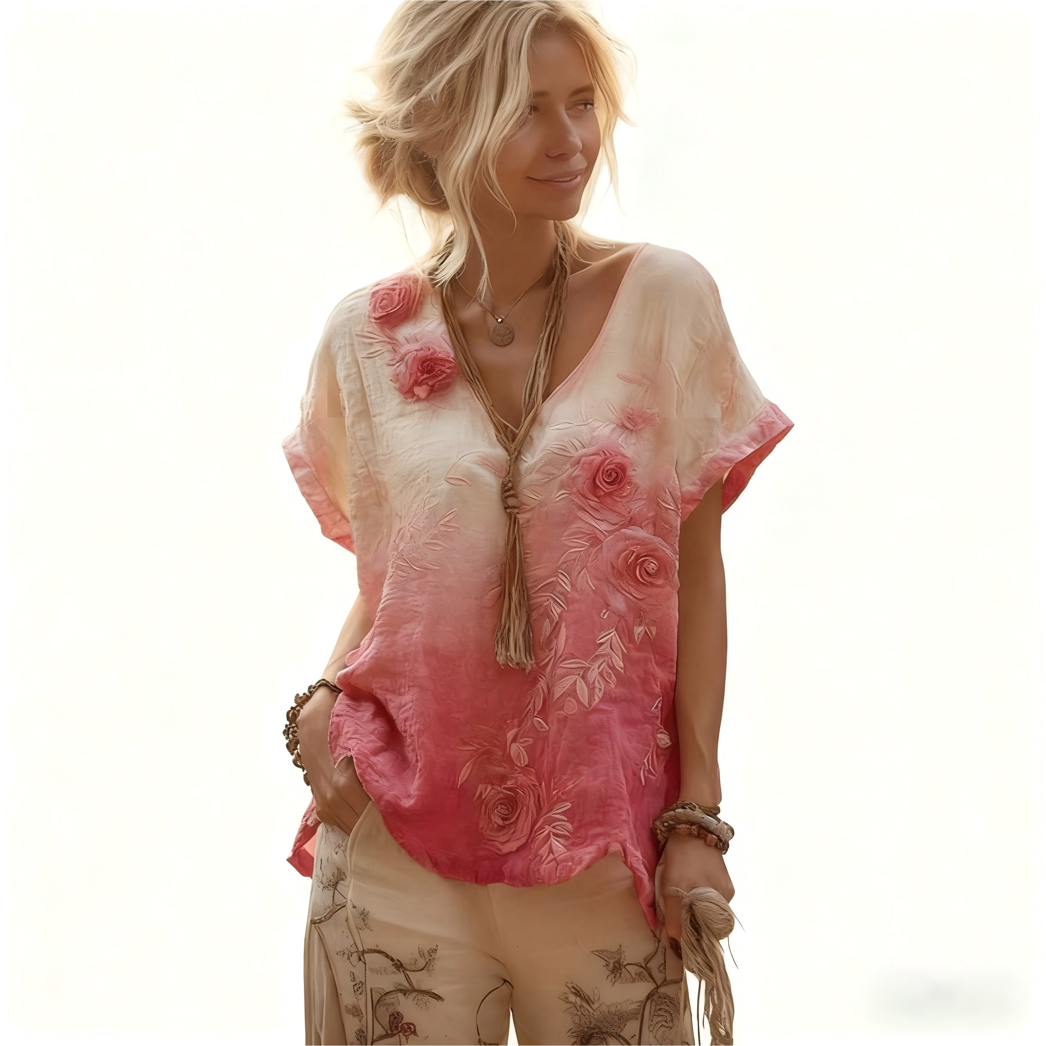 Cozy Pink Rose Gradient Art Short Sleeve Linen Blend T-shirt