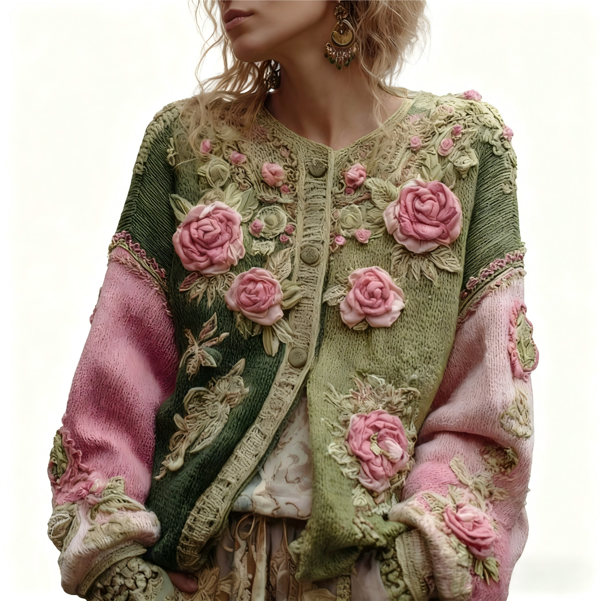 Pink Roses Crochet Embroidered Forest Contrast Patchwork Cozy Cardigan