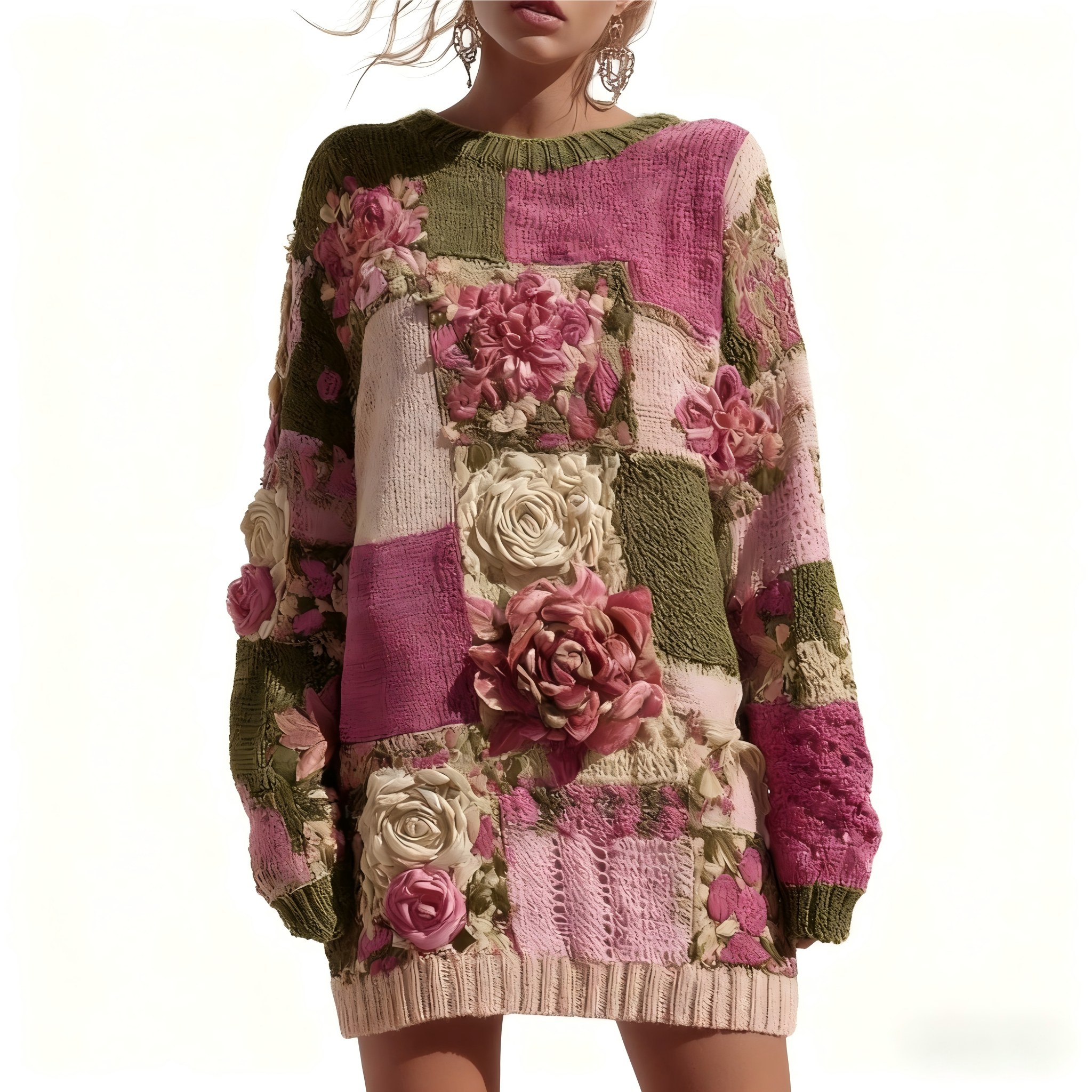 Vintage Roses Embroidered Patchwork Cozy Long Sweater