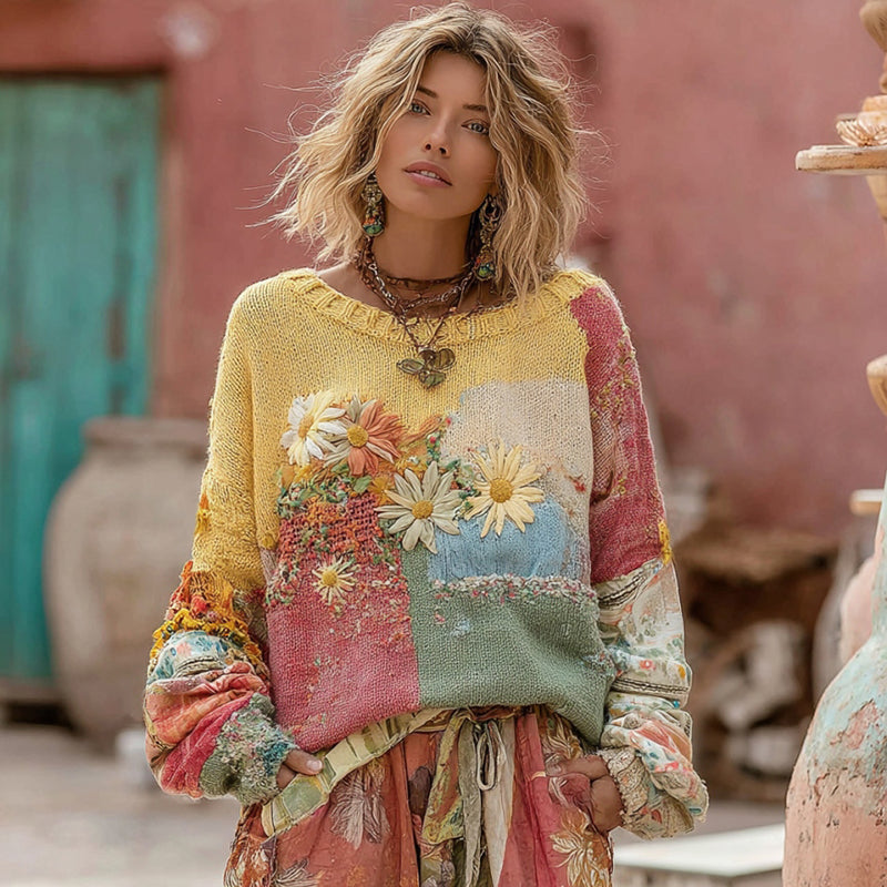Vintage Daisy Embroidery Macaroon Color Patchwork Art Cozy Sweater