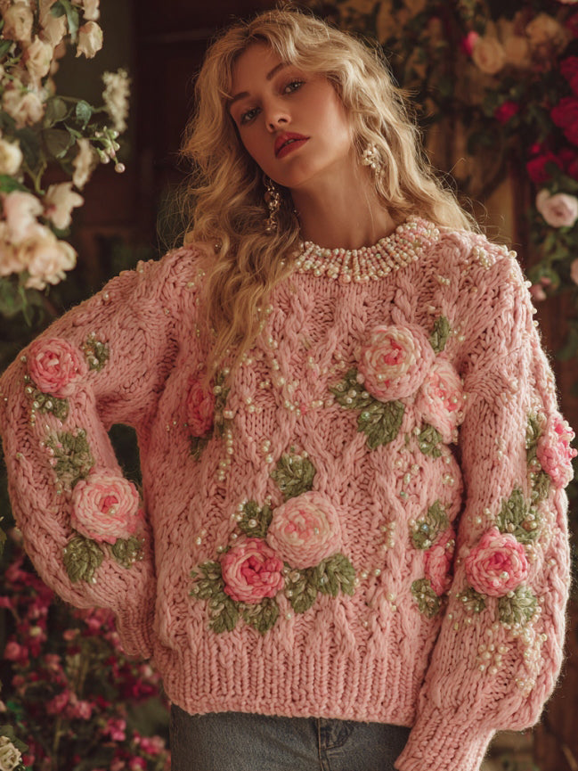 Women's Vintage Pink Rose Embroidery Art Chunky Knit Warm Crew Neck Sweater