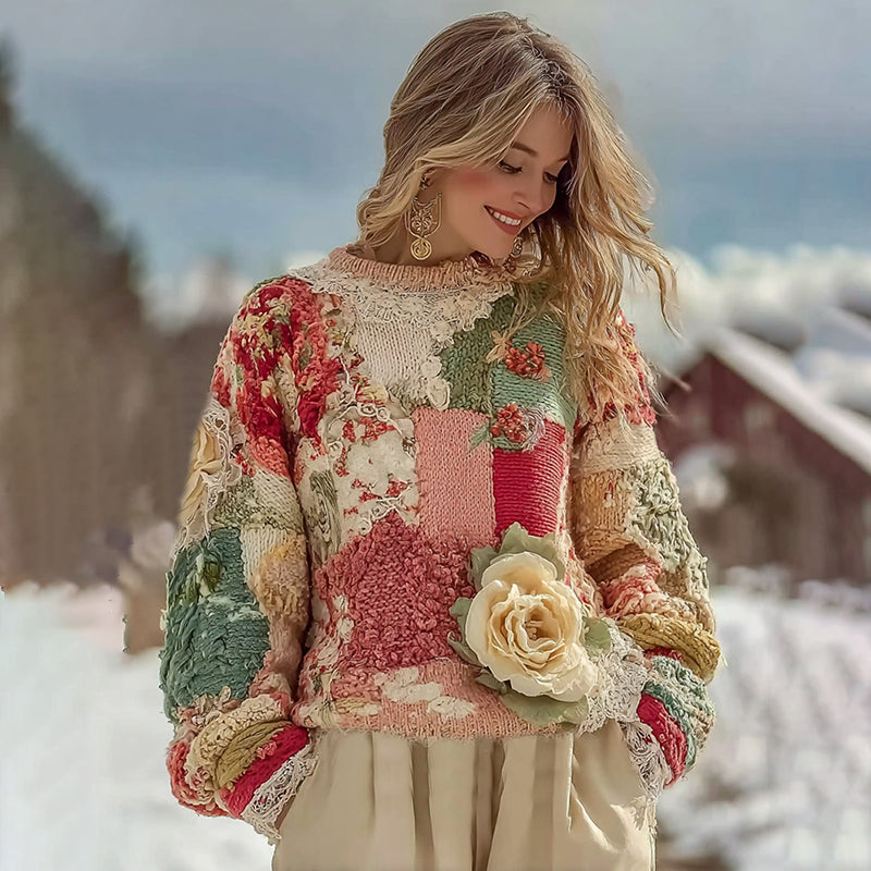 Women's Retro Rose Floral Art Color Block Cozy Casual Sweater