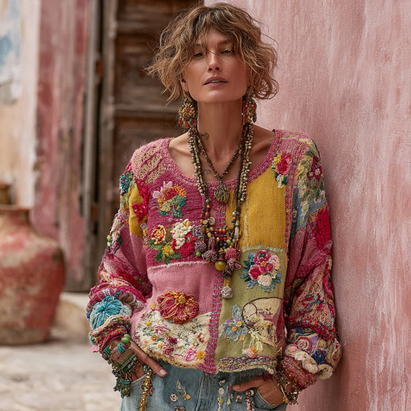 Women's Vintage Floral Embroidery Patchwork Art Pullover Knit Sweater