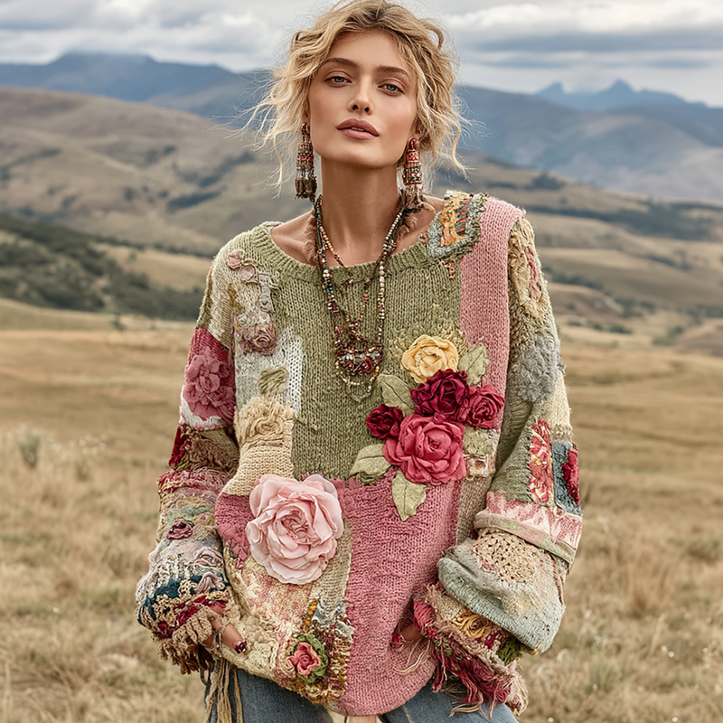 Women's Vintage Floral Embroidery Patchwork Art Print Cozy Pullover Knit Sweater