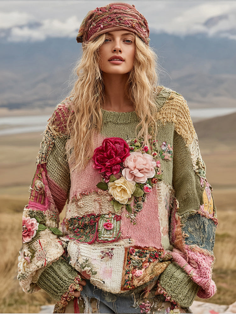 Women's Vintage Floral Embroidery Patchwork Art Print Knit Sweater