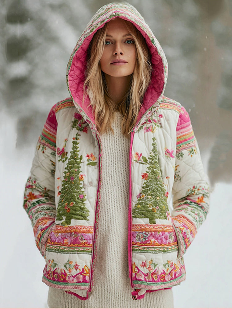 Women's Floral Christmas Tree Patchwork Warm Zip Hoodie