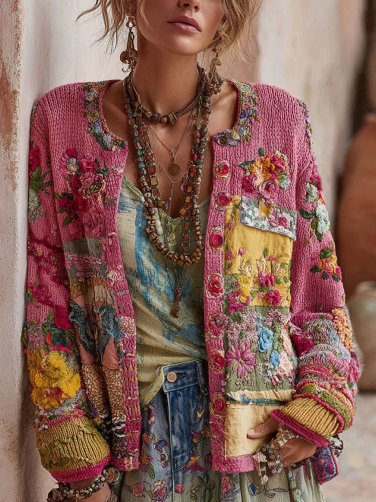 Women's Vintage Bohemian Floral Embroidery Patchwork Art Sweater Cardigan