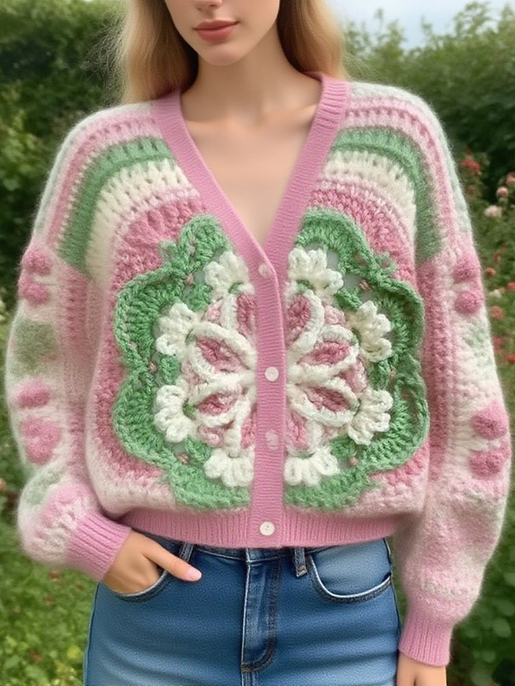 Classic Thick Knitted Crochet Floral Sweater Cardigan