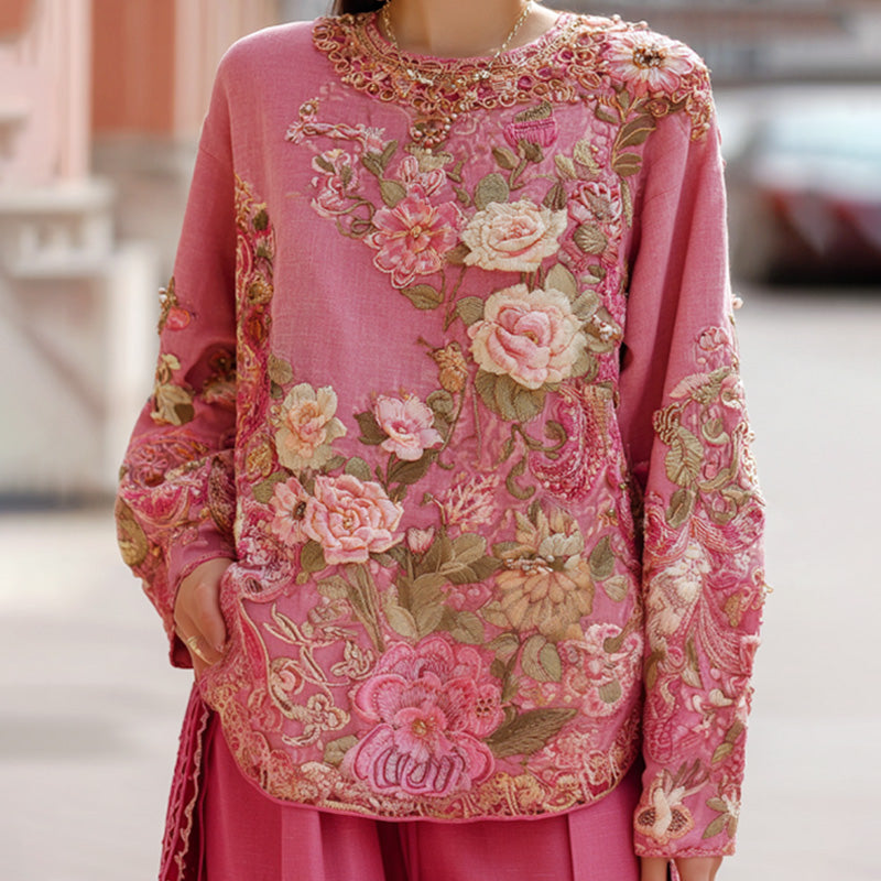 Women's Pink Floral Pink Embroidery Print T-shirt