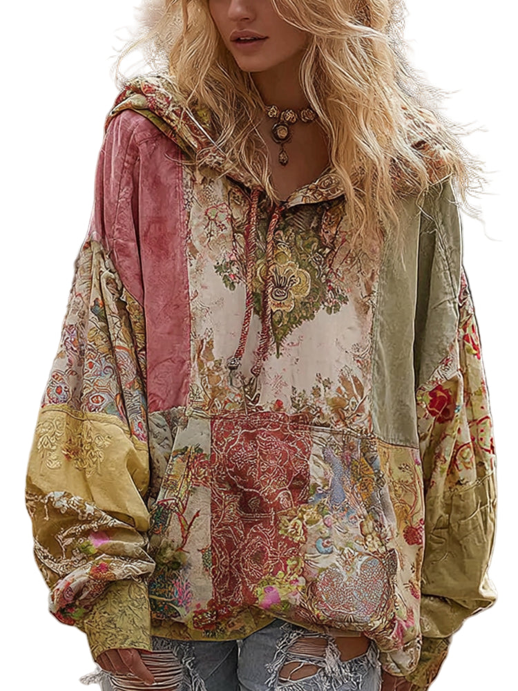 Women's Bohemian Floral Patchwork Cozy Warm Hoodie