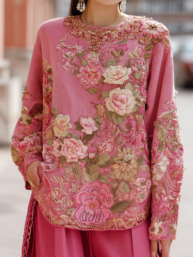 Women's Pink Floral Pink Embroidery Print T-shirt