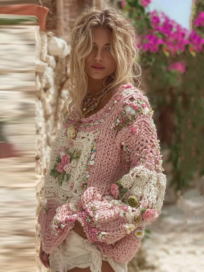 Women's Boho Rose Chunky Knit Crew Neck Sweater