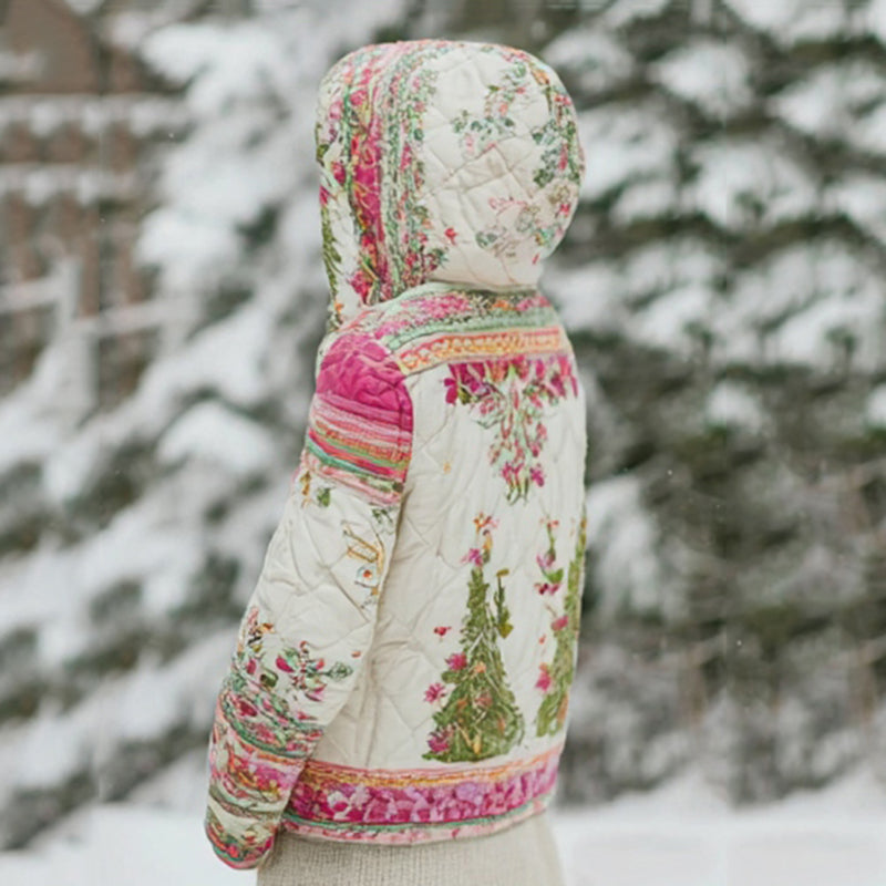 Women's Floral Christmas Tree Patchwork Warm Zip Hoodie