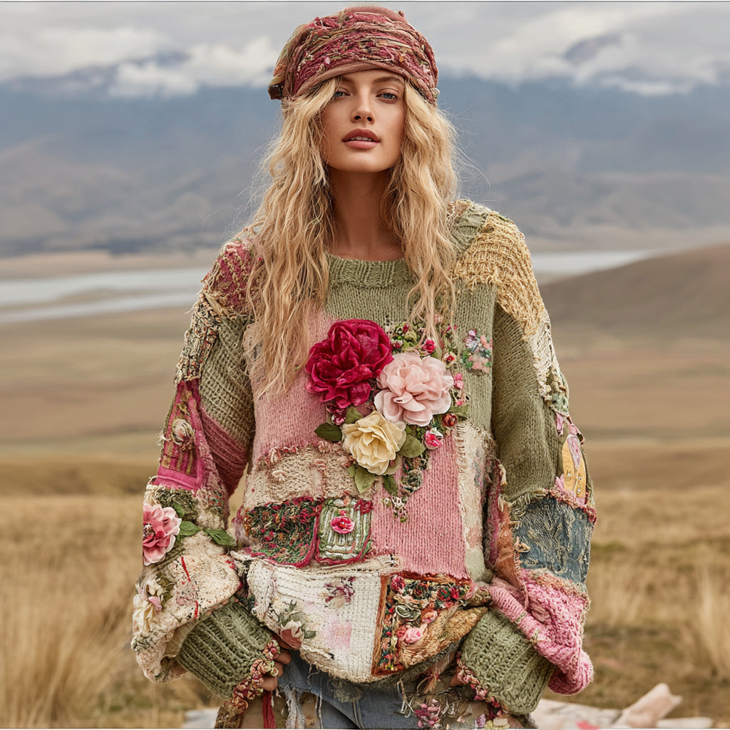 Women's Vintage Floral Embroidery Patchwork Art Print Knit Sweater