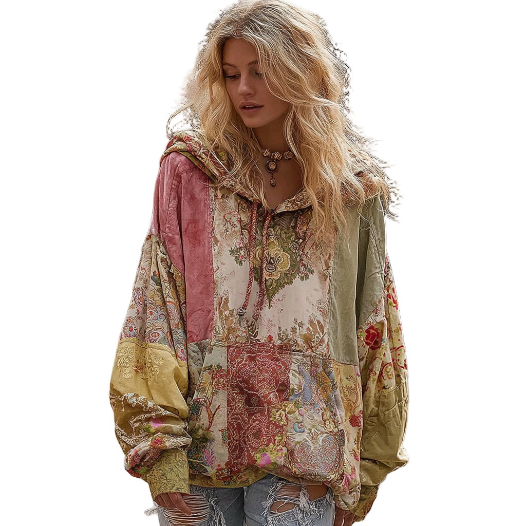 Women's Bohemian Floral Patchwork Cozy Warm Hoodie