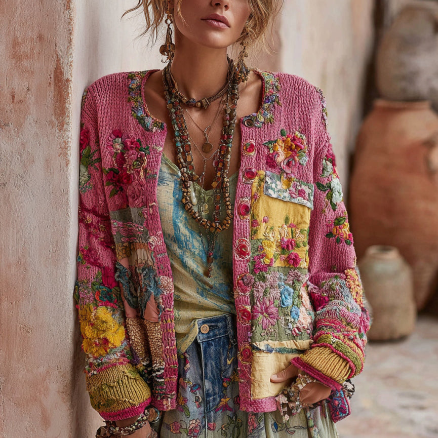 Women's Vintage Bohemian Floral Embroidery Patchwork Art Sweater Cardigan