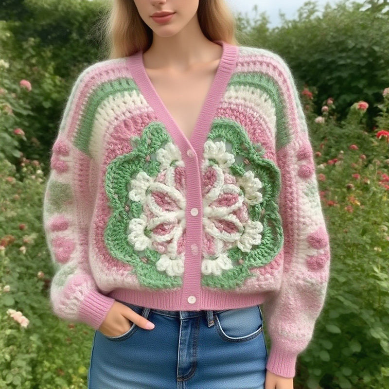 Classic Thick Knitted Crochet Floral Sweater Cardigan