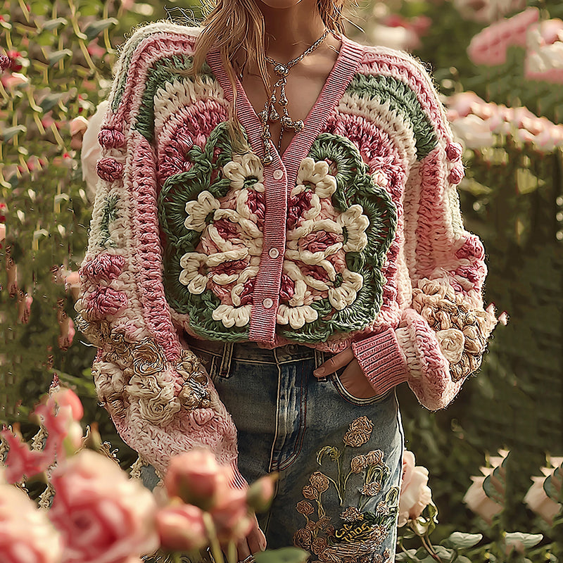 Classic Thick Knitted Crochet Floral Sweater Cardigan