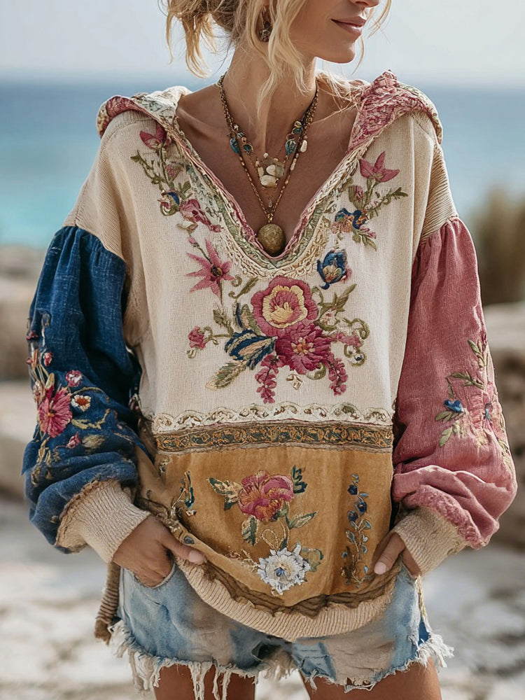 Women's Retro Rose Floral Contrast Color Comfortable Warm V-neck Hoodie