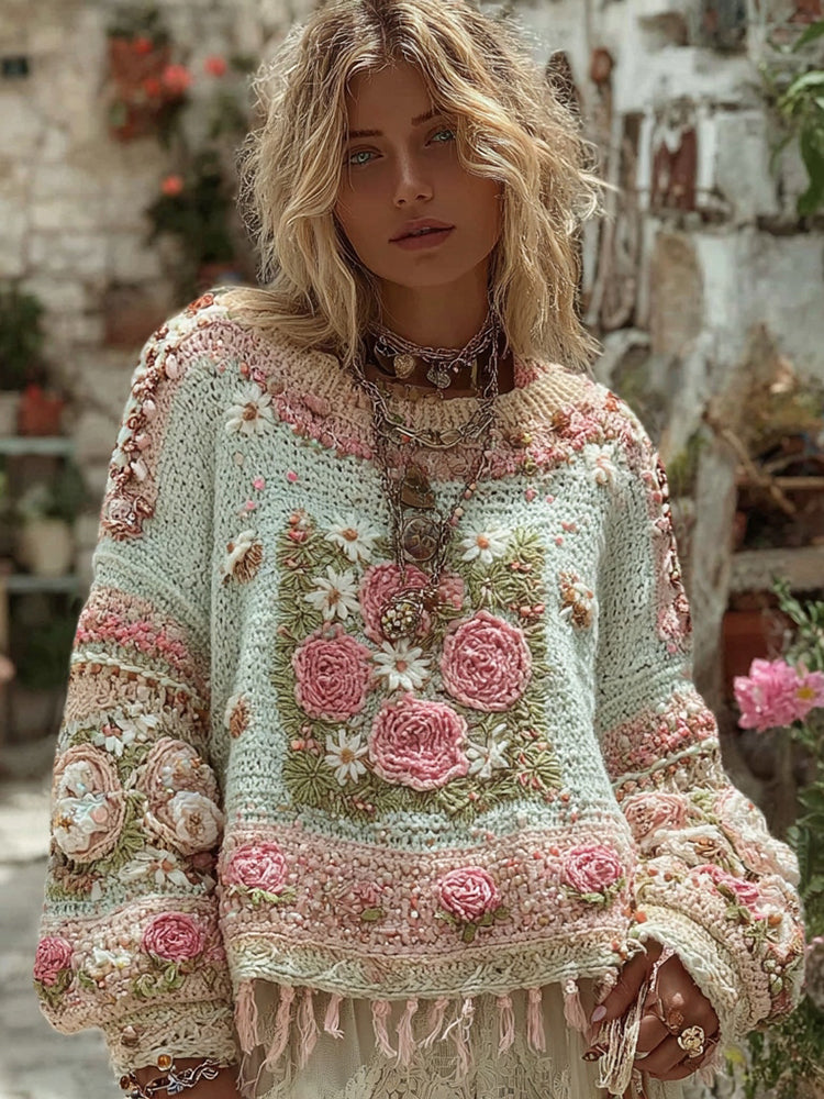 Women's Boho Chunky Knit Crochet Floral Round Collar Sweater