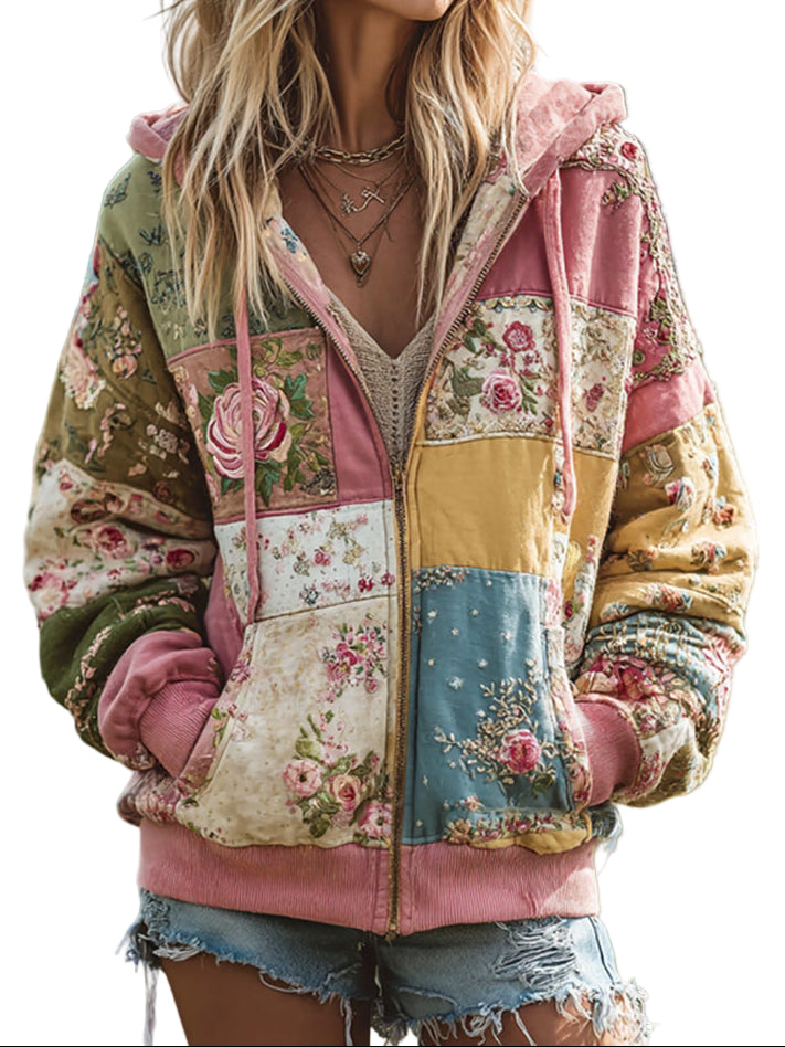 Women's Vintage Floral Patchwork Cozy Warm Zipper Hoodie