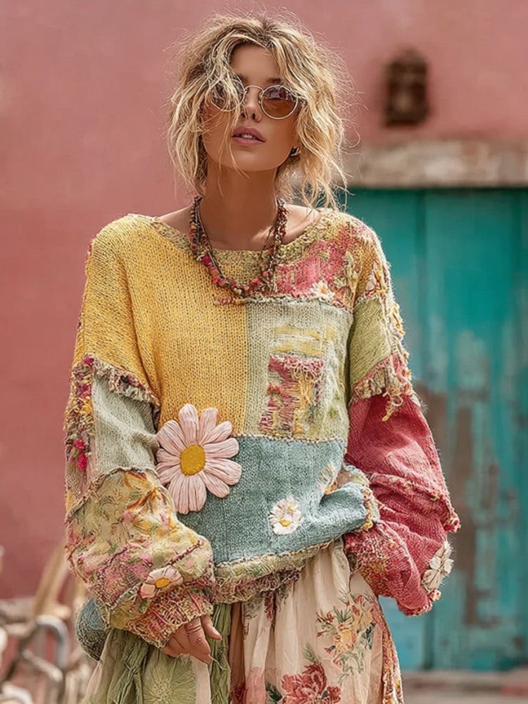 Flower Embroidery Macaroon Color Patchwork Art Cozy Sweater