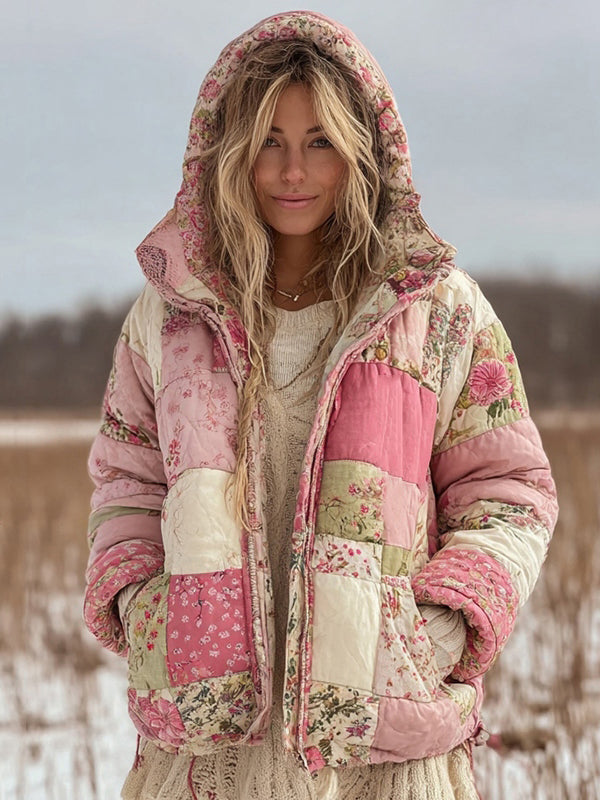 Women's Floral Patchwork Quilted Warm Hooded Cotton Padded Clothes