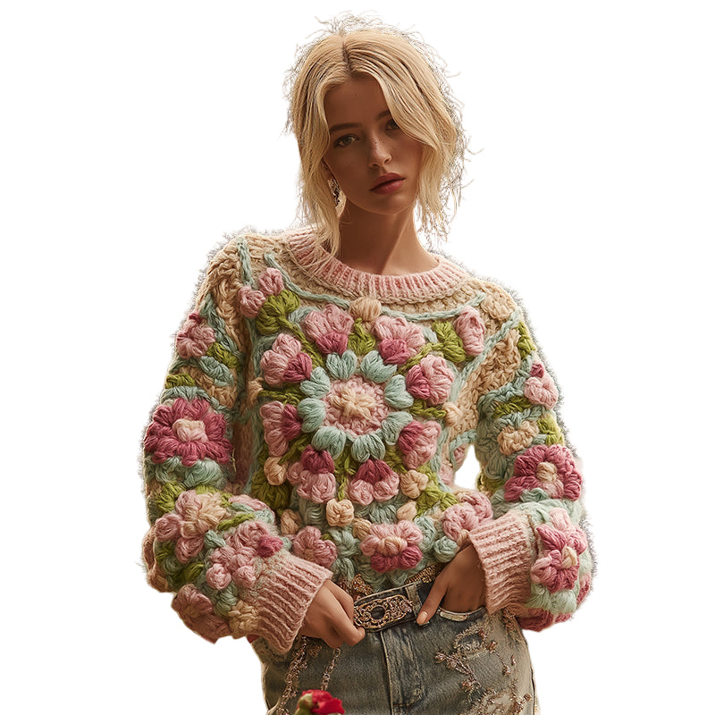 Classic Chunky Knit Crochet Floral Sweater