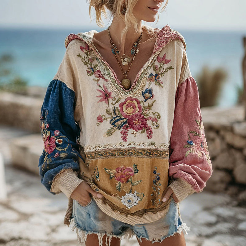 Women's Retro Rose Floral Contrast Color Comfortable Warm V-neck Hoodie