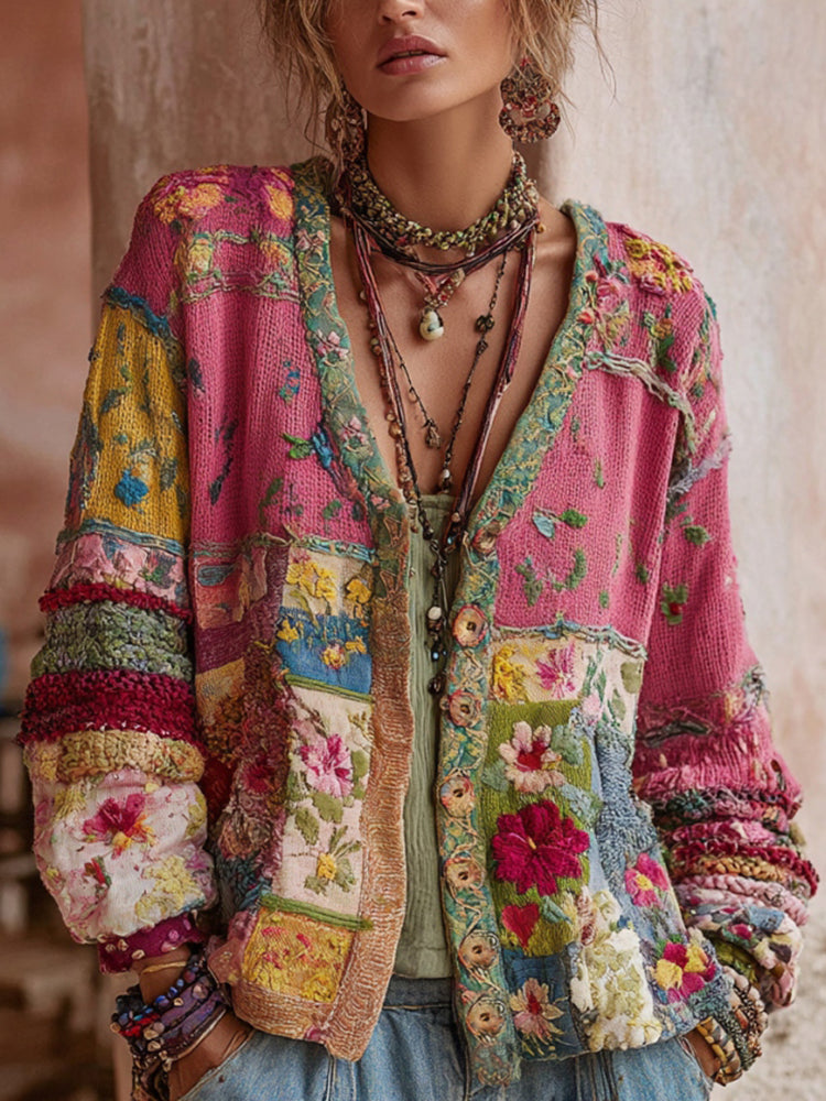 Women's Vintage Bohemian Floral Embroidery Patchwork Art V Neck Cardigan Sweater